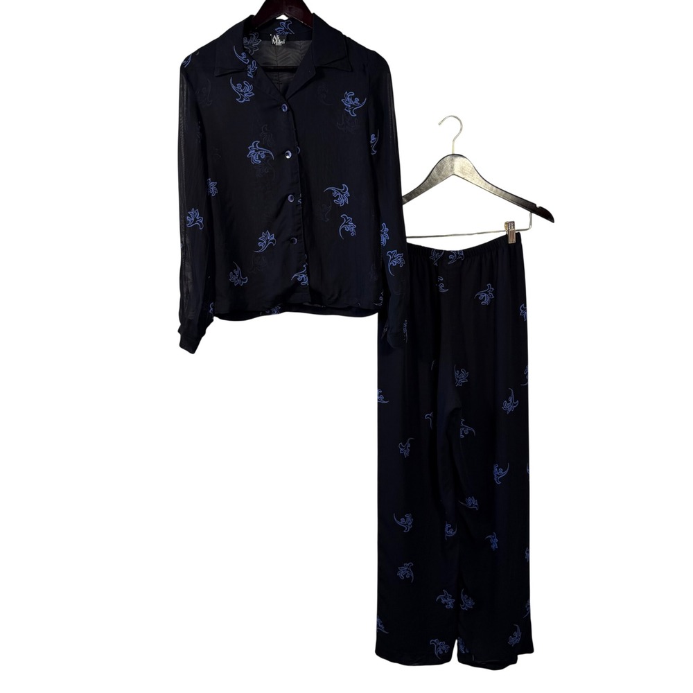 Ali Miles Womens 2 Piece Set Black Blue Sheer Button Up Blouse Wide Leg Pants S
